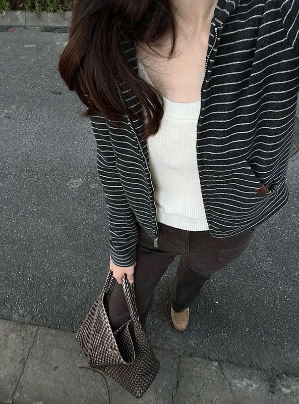 秋季穿搭条纹毛巾料拉链开衫卫衣女2025新款通勤外套慵懒风上衣|undefined
