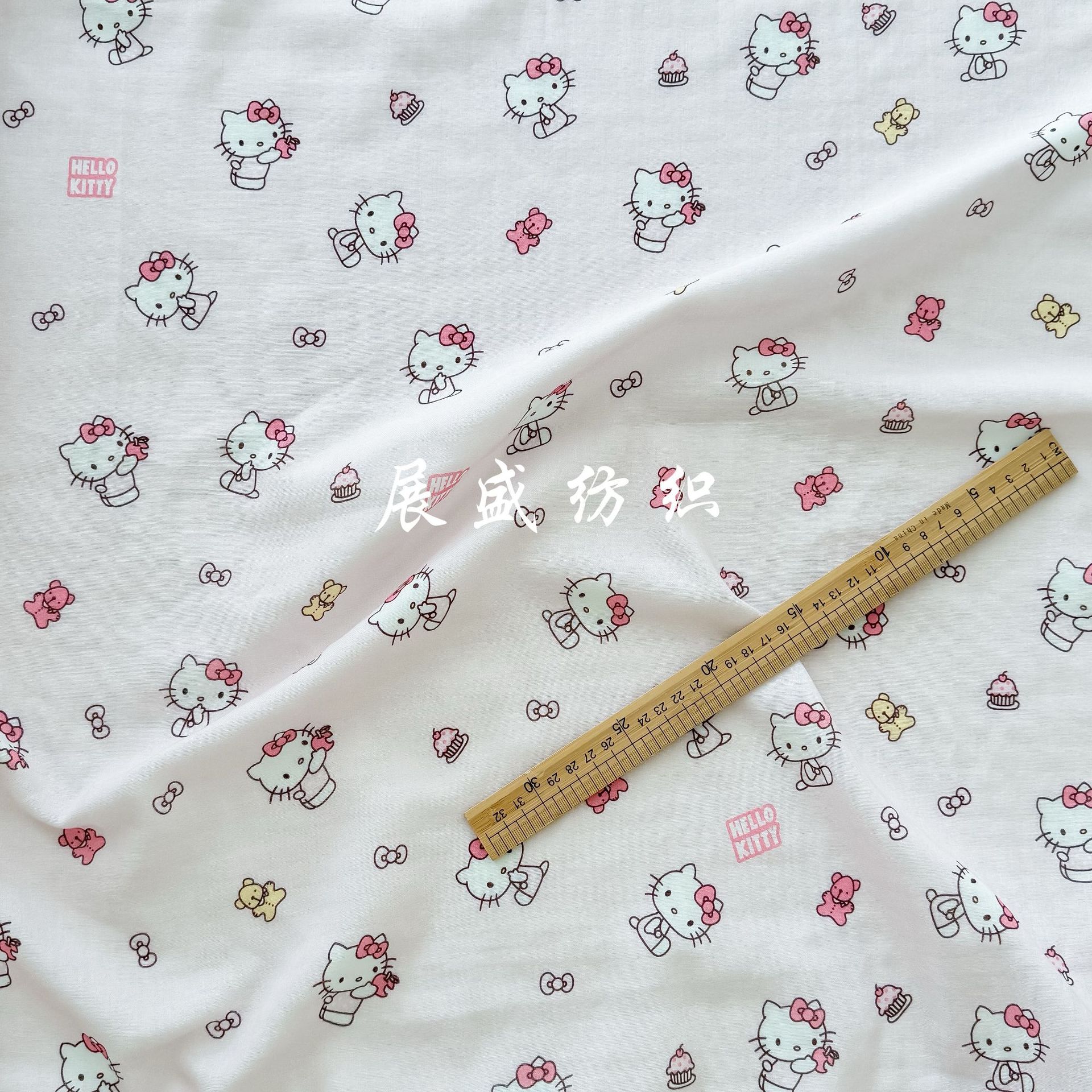 纯棉双层纱布布料 全棉卡通KT猫印花 婴童装睡衣家居家服面料