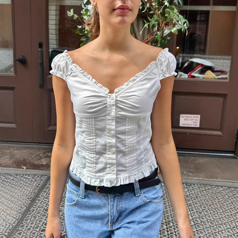 BM Style New 2025 American Ballet Style Sleeveless Ruffled Short-sleeved T-shirt Women's BM Lace Slim-fit Cardigan Top