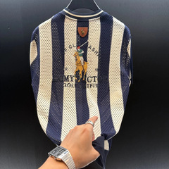ヨーロッパのライト高級ハイエンドカジュアルメンズトップス 2025 夏の新刺繍通気性メッシュストライプ Tシャツトップス