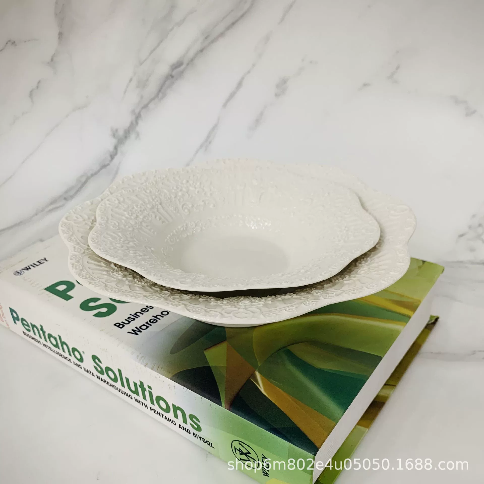 Round Dessert Plate (laba) embossed lace ceramic, retro European style, 6.5 and 8 inch