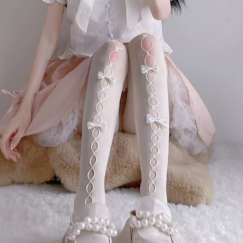 Bowknot White Socks Leggings for Women, Thin Style, Jk Japanese Style, Pure Desire, Milky White, Sexy Black Pantyhose, Lolita Socks