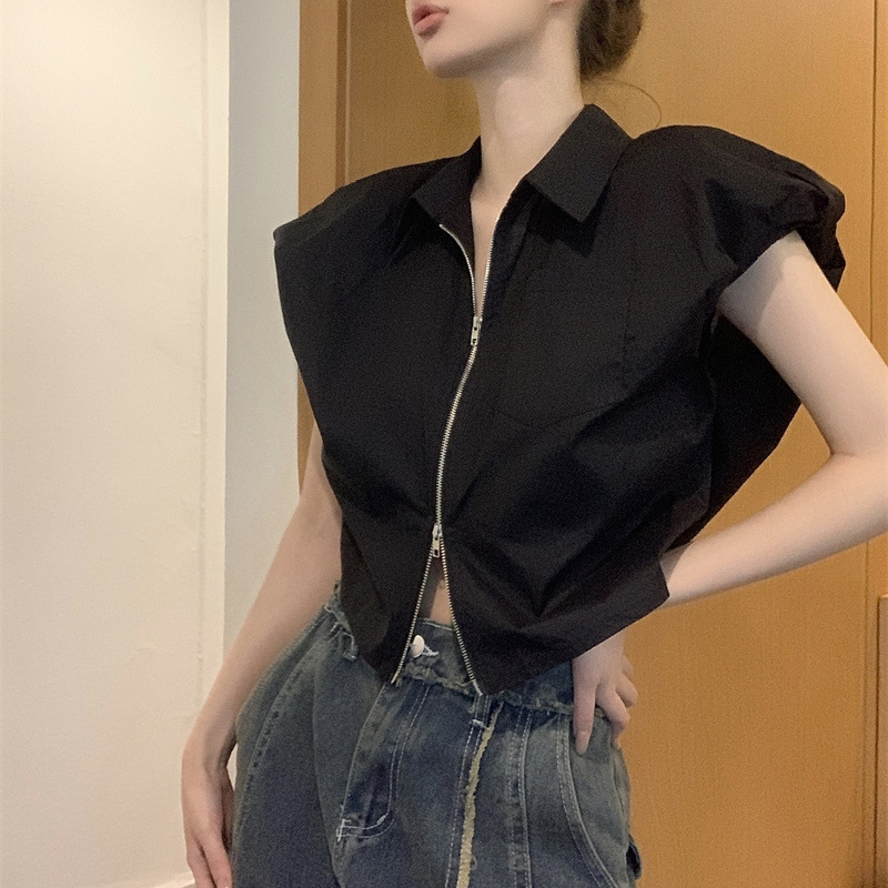 Designed Double Zipper Small Flying Sleeve Sleeveless Short Shirt 2023 Women's Summer New French Style Top