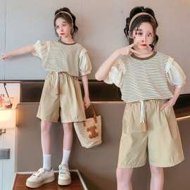 女童夏季条纹泡泡袖短袖短裤套装中大童时髦洋气夏款女孩休闲夏装