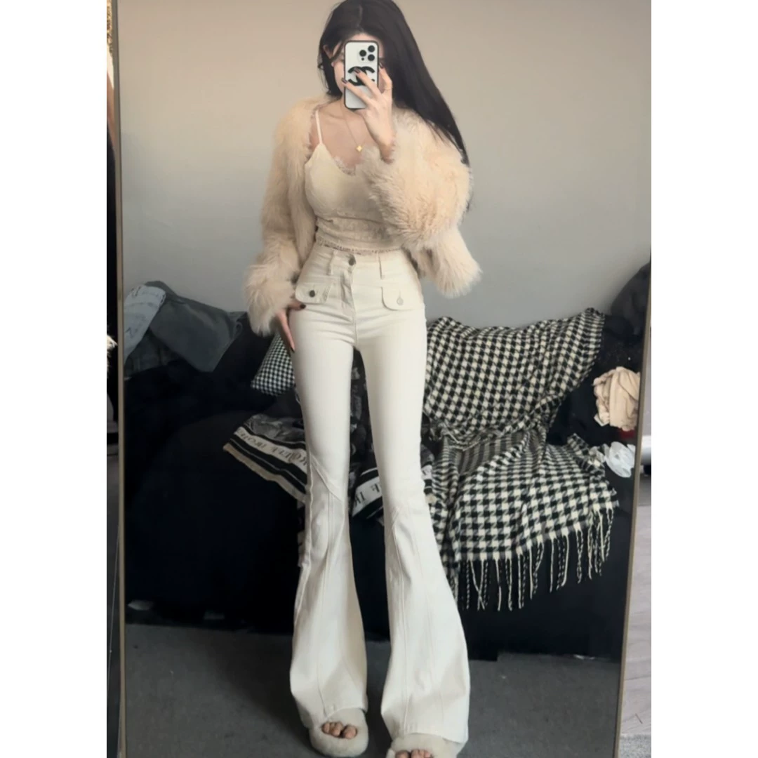 Белые джинсы с завышенной талией микро-эла женские весной 2025 года новые высокие ноги длинные тонкие брюки