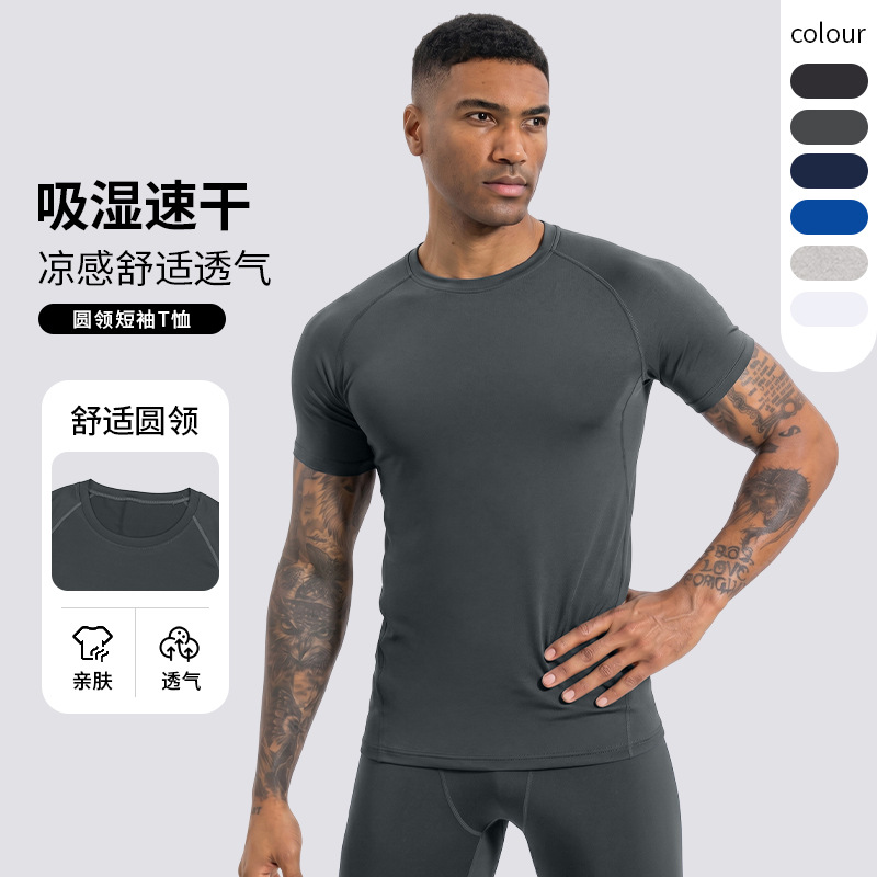 Nuevo cuello redondo hombre camiseta de entrenamiento de gimnasio camiseta de entrenamiento de manga corta camiseta de secado rápido sudor