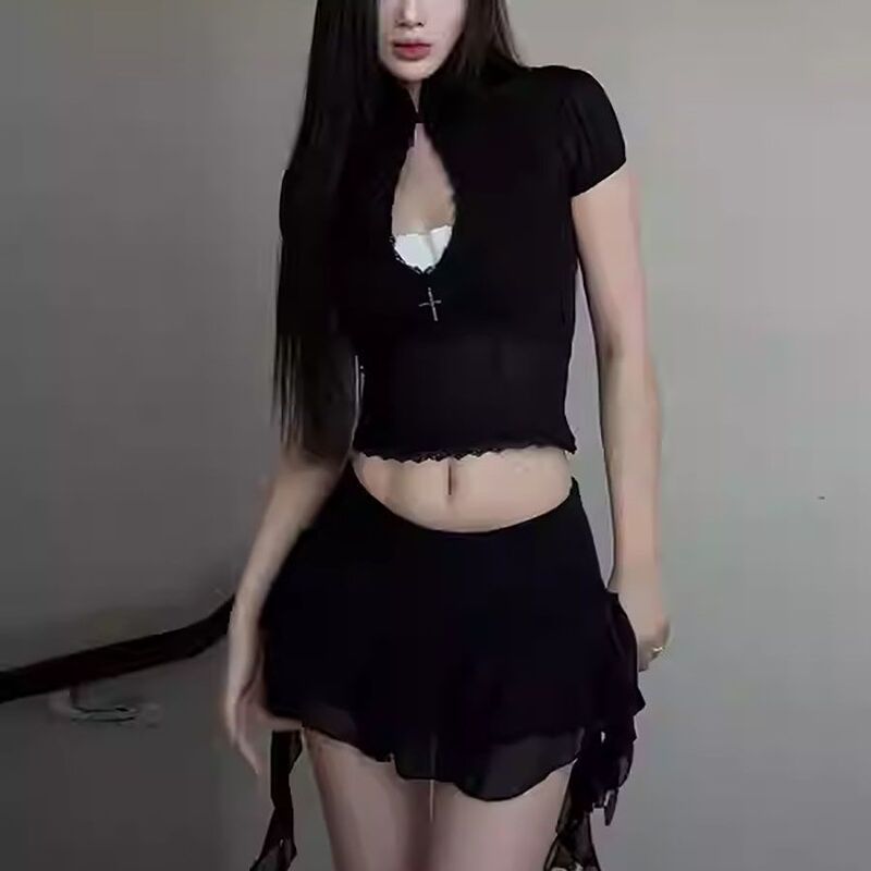 Cross-Border Wholesale Versatile Black Cool Mesh Lace See-Through Puff Sleeve New Chinese Style Hollow-Out Short Top Cross-Border Wholesale Versatile Black Cool Mesh Lace See-Through Puff Sleeve New Chinese Style Hollow-Out Short Top
