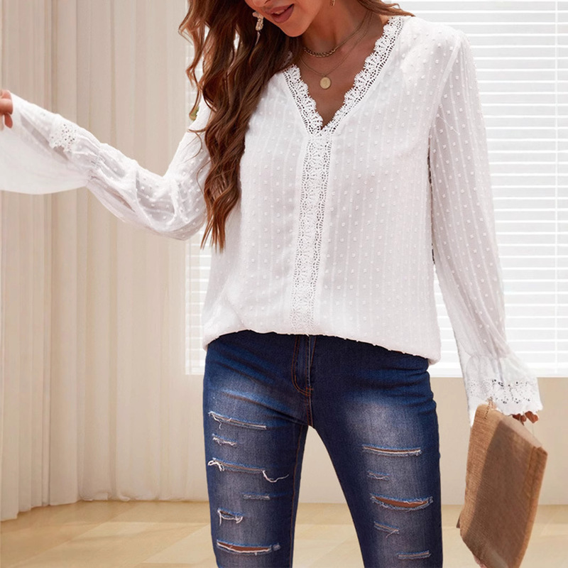 Hn287 Spring and Autumn New French Sweet Dot Chiffon Shirt Women's V Neck Lace Trim Long Sleeve Shirt