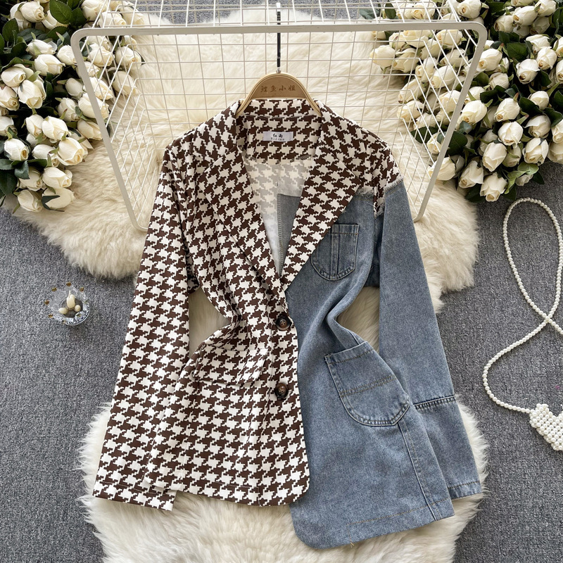 Light Luxury European and American High-end Suit Jacket Women's Irregular Stitching Denim Design Fried Street Royal Sister Elegant Top Trendy