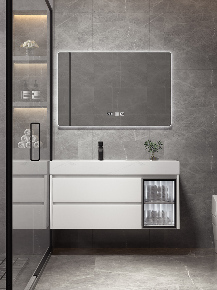 Shiqi Placa de roca gabinete de baño combinación de luz de lujo moderno simple baño mesa de lavado lavabo gabinete