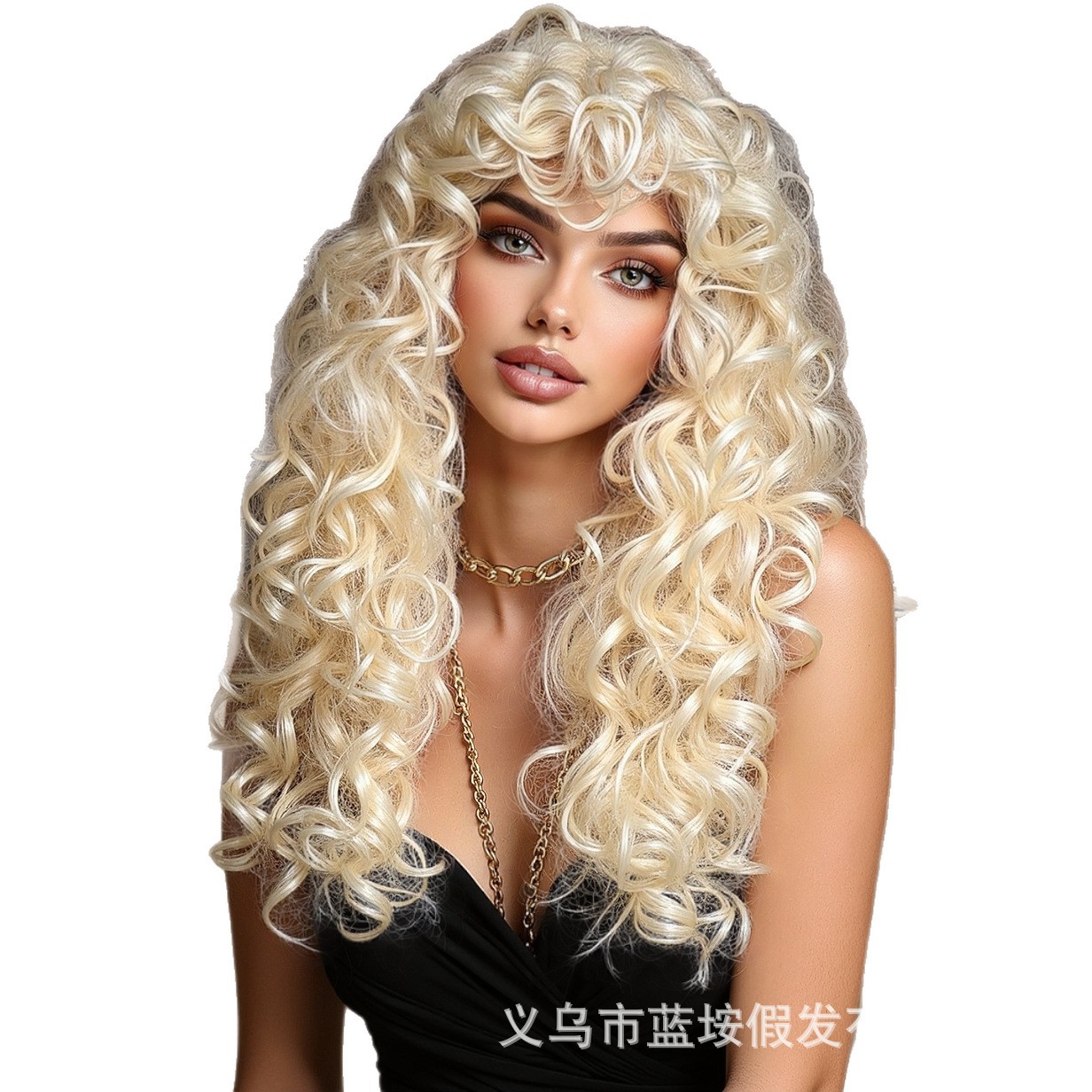 Peluca de Cabello Largo y Rizado con Flequillo, Estilo Europeo y Americano, Rubio Platino, Rizos de Lana, Rizos Latinos, Iluminadora, para Mujer, Peluca Completa