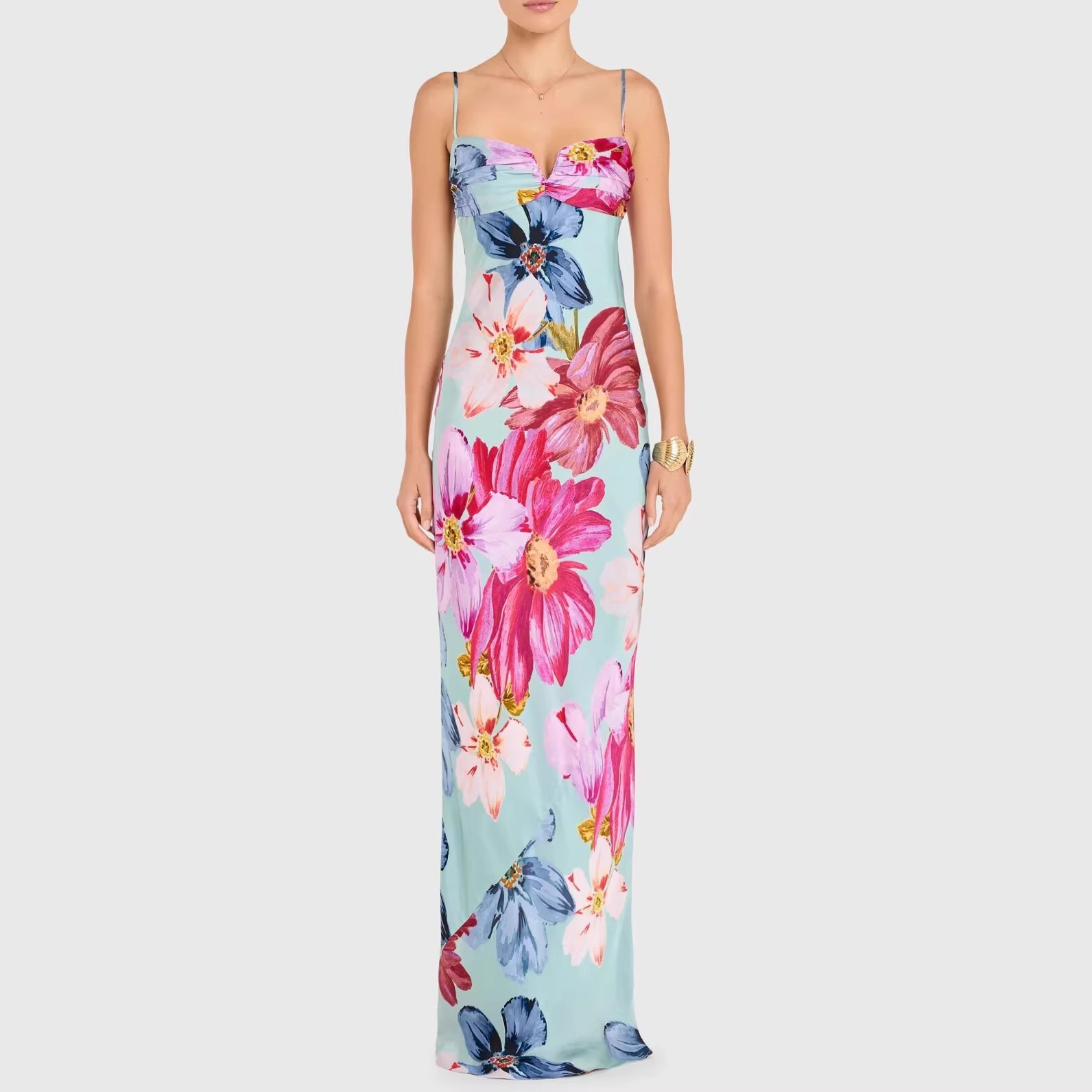 Women's Off-Shoulder Floral Print Dress Spaghetti Strap Bodycon Long Casual Elegant White Slim Fit_ecoleips.com