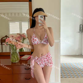辣妹泳衣女性感比基尼三点式系绳樱桃印花可爱小胸bikin温泉+纱巾