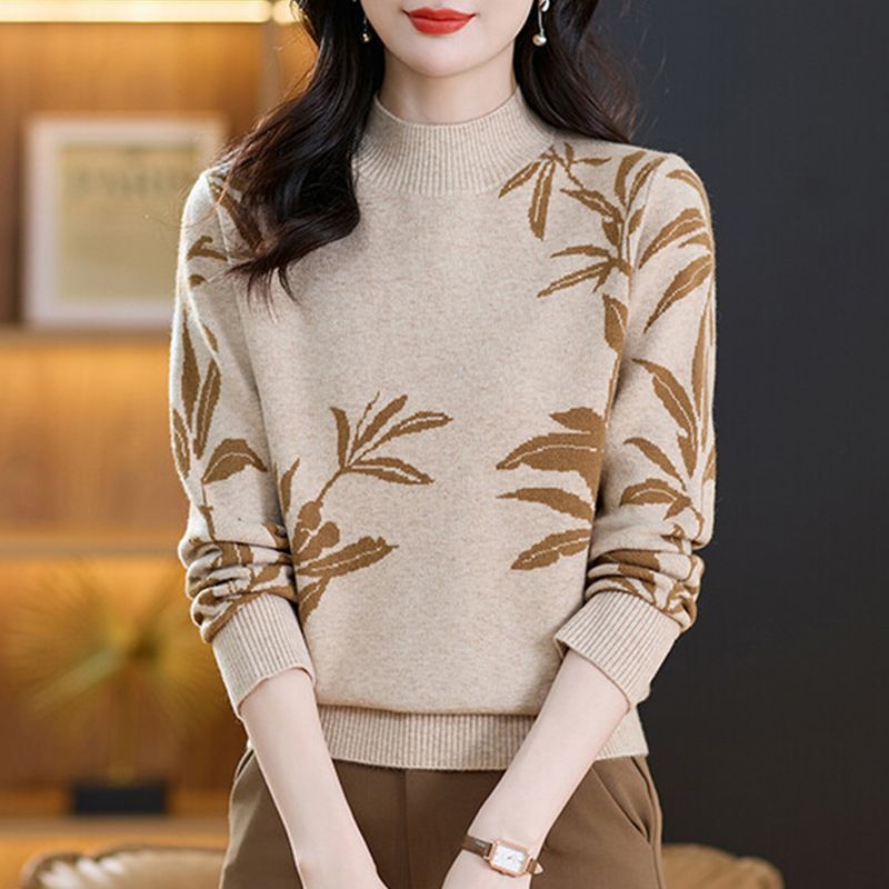 Half-high collar jacquard sweater for women, plus size, autumn and winter 2026 new style, loose and thick knitted base shirt for middle-aged mothers Half-high collar jacquard sweater for women, plus size, autumn and winter 2026 new style, loose and thick knitted base shirt for middle-aged mothers