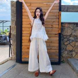 白色法式巨好看镂空刺绣背心套装女2026夏新款木耳边阔腿裤两件套