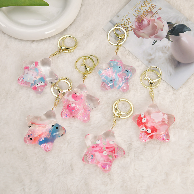 Acrylic Five-Pointed Star Ocean Oil Quicksand Bottle Keychain Bag Exquisite Pendant Student School Bag Pendant Wholesale