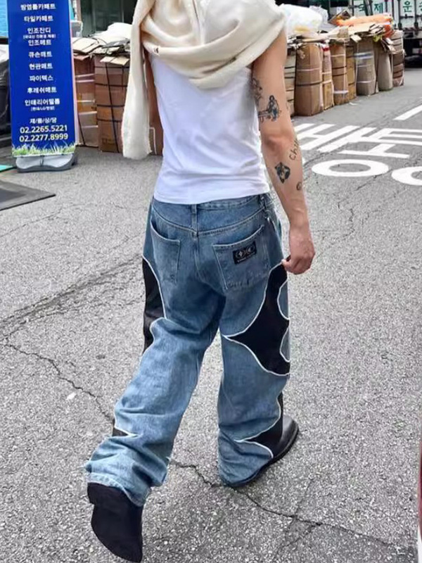 2023 New American Niche Washed Stitching Leather High Street Embroidery Straight Denim Trousers vibe Style for Men and Women 2023 New American Niche Washed Stitching Leather High Street Embroidery Straight Denim Trousers vibe Style for Men and Women