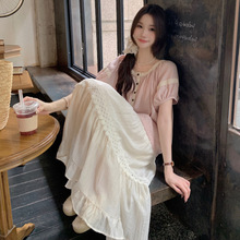 法式2025韩系甜美蕾丝拼接短袖衬衫上衣法式a字百搭显瘦半身裙女