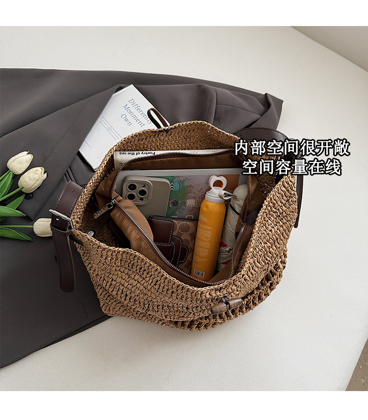 2025 New summer French laid-back seaside vacation bag, niche straw woven bag, hand-woven women's bag, large capacity undefined
