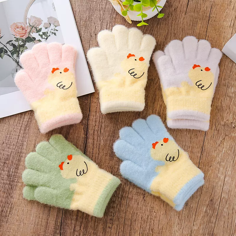 2025秋冬新款儿童学生中童可爱卡通小鸡分指加绒保暖手套厂家批发