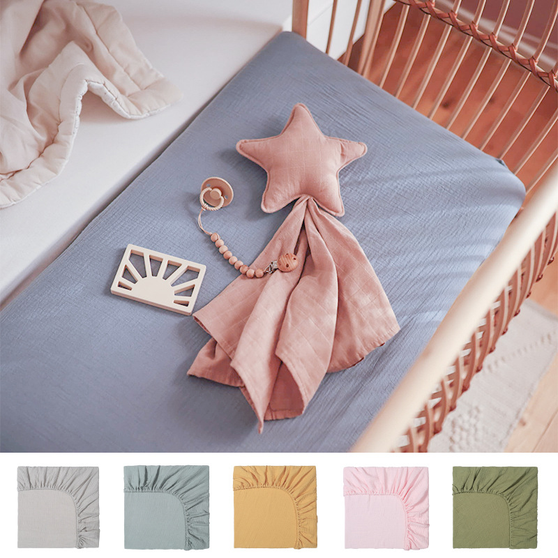 Amazon Cotton Wrinkled Baby Cotton Gauze Fitted Bed Sheets Solid Color Crib Fitted Bed Sheets Double Layer Cotton Gauze Soft Breathable Bed Sheets