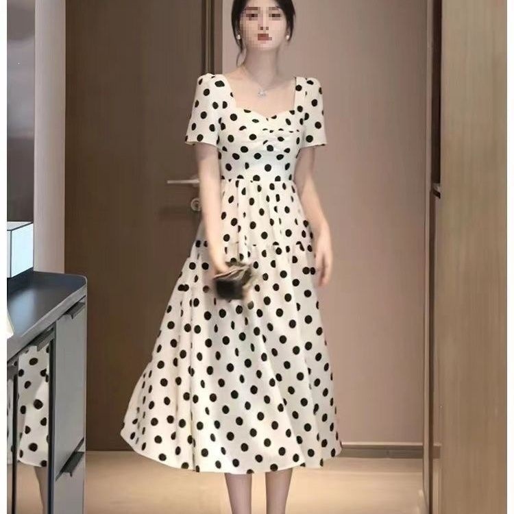 Đầm maxi nữ chấm bi phong cách Pháp tay ngắn suông rộng che khuyết điểm — màu đen, Trắng sữa chi tiết 7