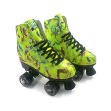 跨境彩色涂鸦双排四轮溜冰鞋带前刹滑轮鞋初学者简单易上手旱冰鞋