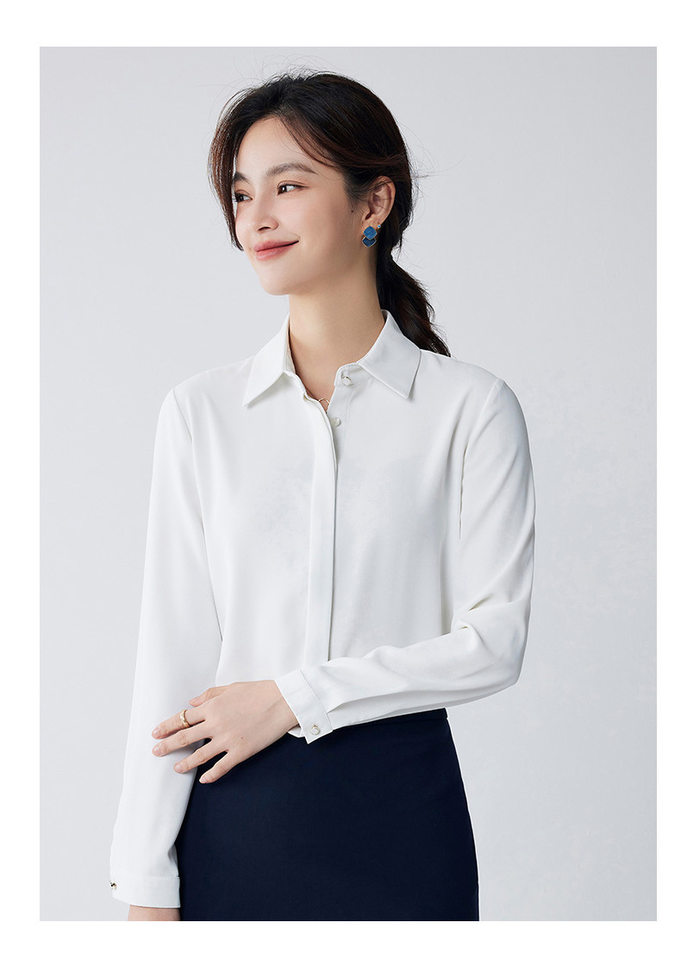 Áo sơ mi voan dài tay nữ cổ vuông, thiết kế chống lộ, phom rủ mềm mại — Trắng-dài tay-nữ chi tiết 12