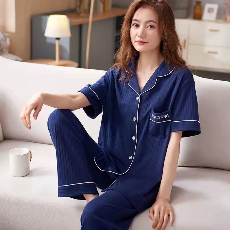 Pijamas pantalones de manga corta de algodón de verano de las mujeres traje de ropa para el hogar primavera y otoño Chaqueta de punto de las mujeres de la solapa delgada se puede usar fuera