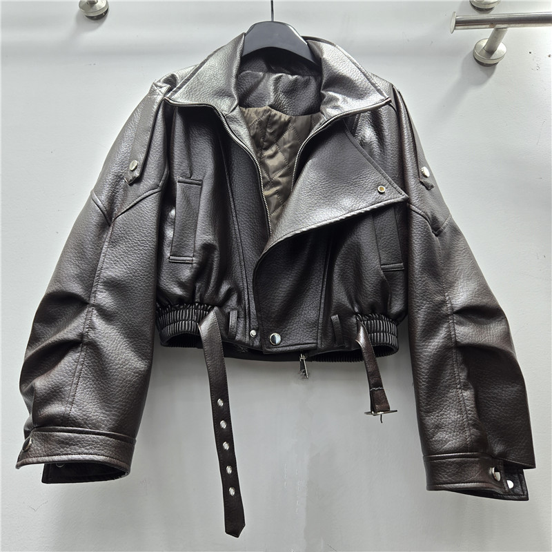 Moda coreana temperamento casual universal con solapa PU chaqueta de cuero de invierno de alta calidad chaqueta de locomotora de viento fresco chaqueta de algodón corto image 2