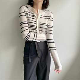 早秋新 解构设计 细细的线条更显 羊毛羊毛混纺细条纹薄开衫