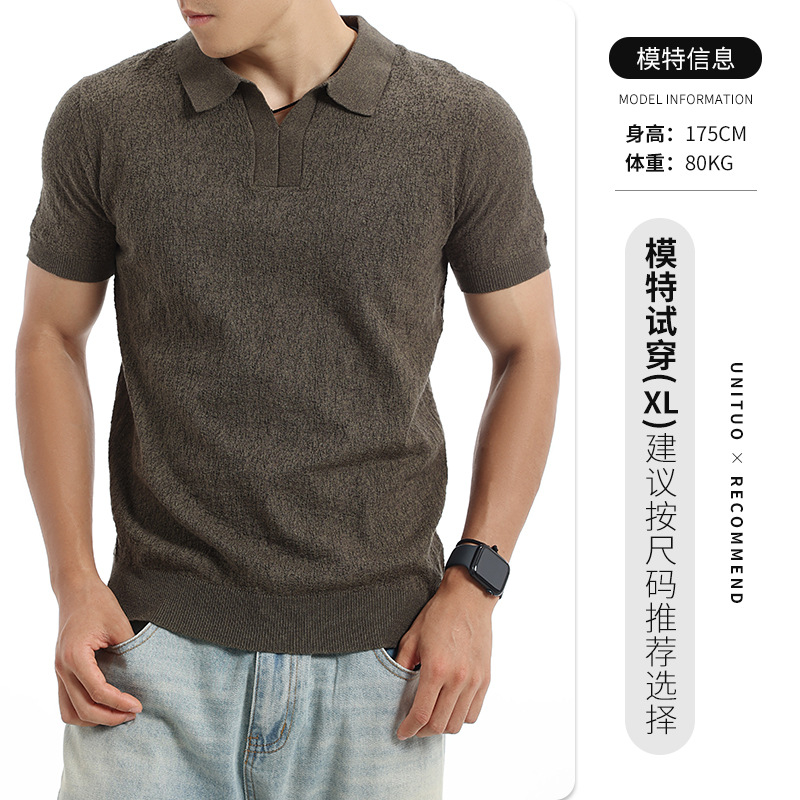 Europa y América transfronterizos textural hombre polo cuello V de punto de manga corta negocios casual alta sensación de ropa de hombre