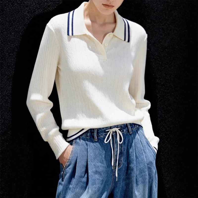 Old Money Style Sports Knitwear for Women, Tennis Shirt with a Turn-Down Collar, Color-Blocking, High-End Long-Sleeve Fashion Women's Clothing Wholesale Old Money Style Sports Knitwear for Women, Tennis Shirt with a Turn-Down Collar, Color-Blocking, High-End Long-Sleeve Fashion Women's Clothing Wholesale