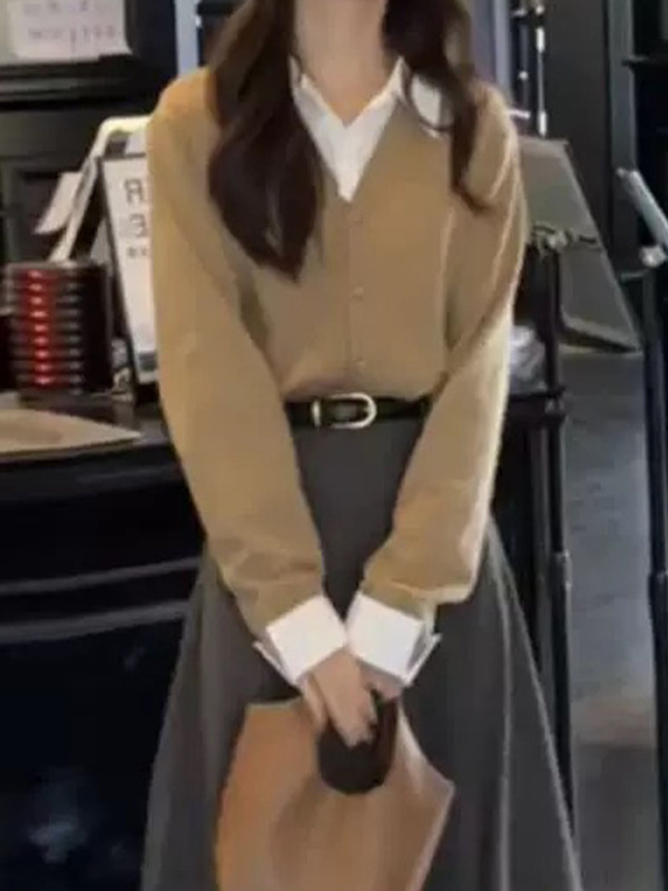 撞色假两件衬衫领毛衣外套女2025秋冬新款通勤百搭气质针织开衫潮|undefined