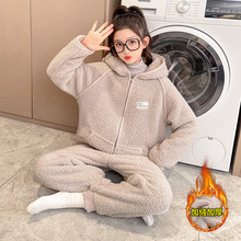 女童连帽加绒睡衣套装加厚冬装儿童拉链开衫外穿韩版家居服秋冬款