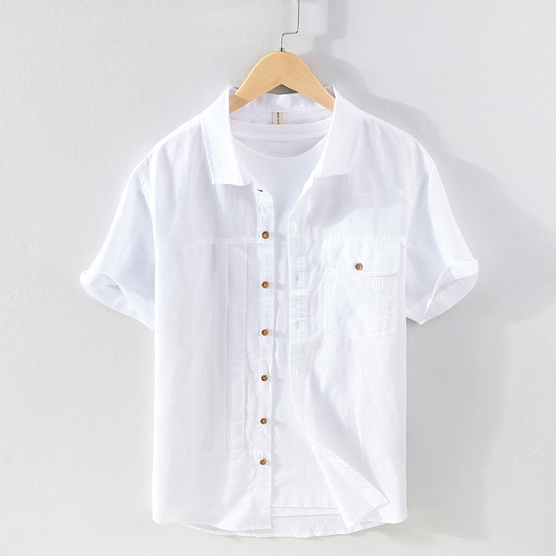 Nuova camicia a maniche corte in cotone e canapa per camicia da uomo da uomo d'affari in lino casual primaverile ed estivo con colletto quadrato_voghion.com