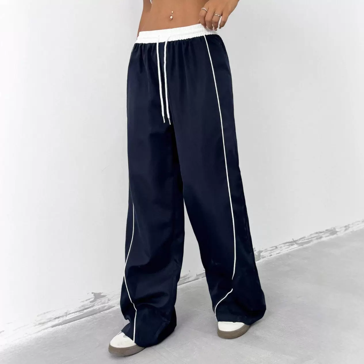亚马逊跨境女式撞色休闲裤 抽绳高腰显瘦宽松阔腿直筒百搭拖地裤