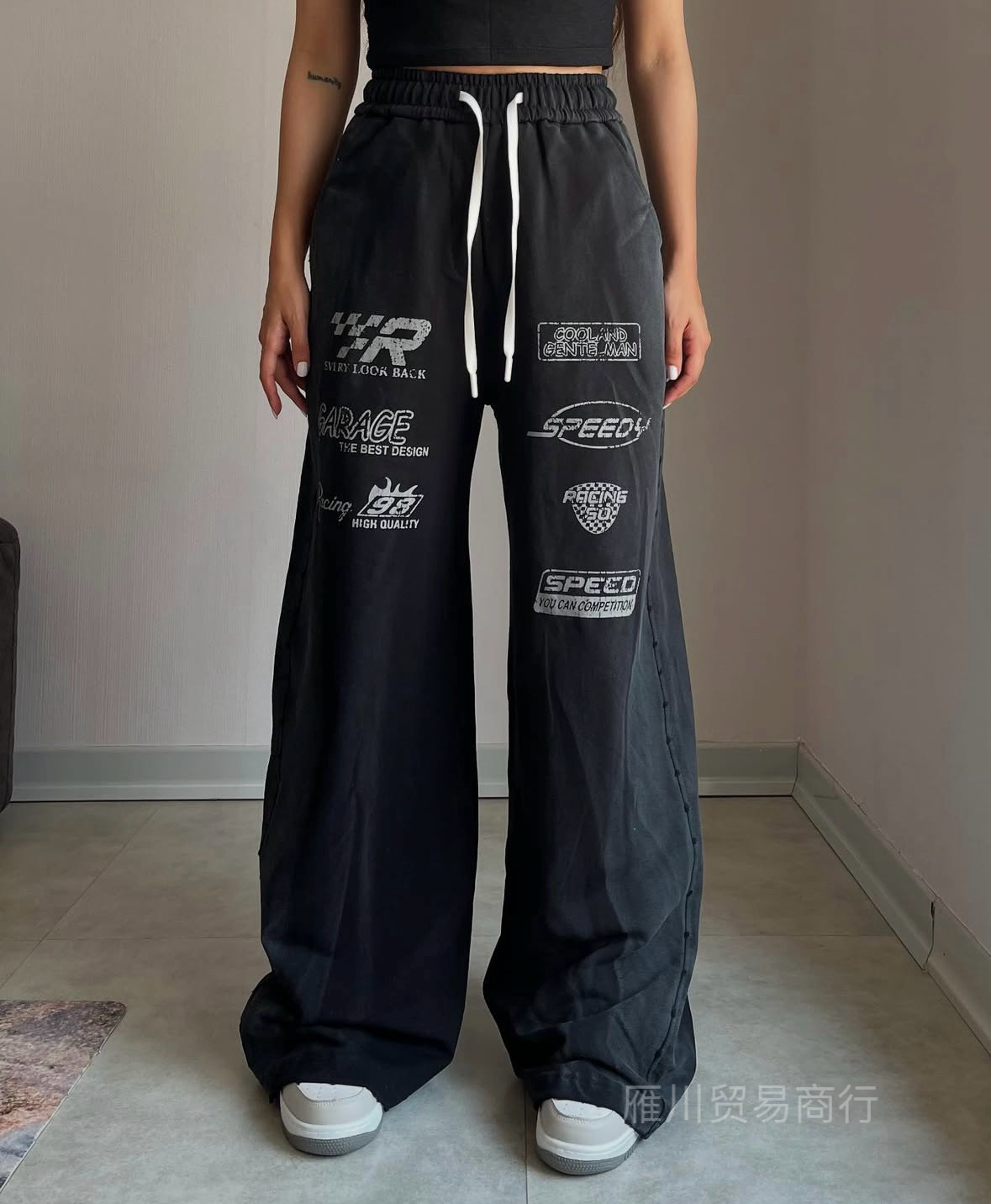 Europa y Estados Unidos transfronterizos retro estampados casuales pantalones deportivos tendencia de moda de cintura alta suelta pantalones grises rectos image 9