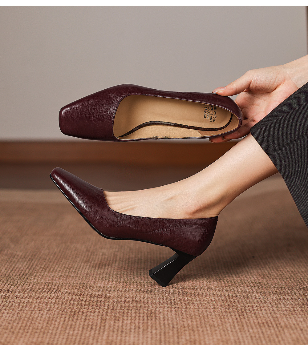 Giày cao gót nữ mũi vuông miệng nông gót 6,5 cm da cừu — đen chi tiết 24