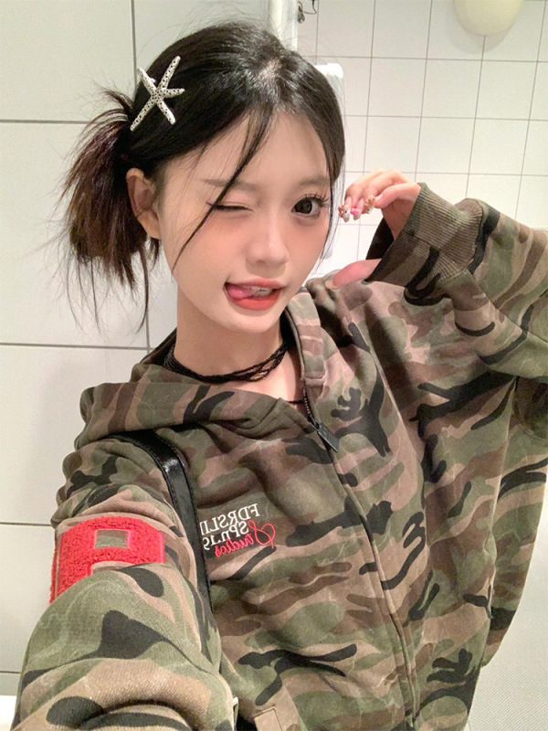 韩版hiphop迷彩刺绣字母连帽卫衣女2025春秋宽松感时尚百搭外套潮|undefined