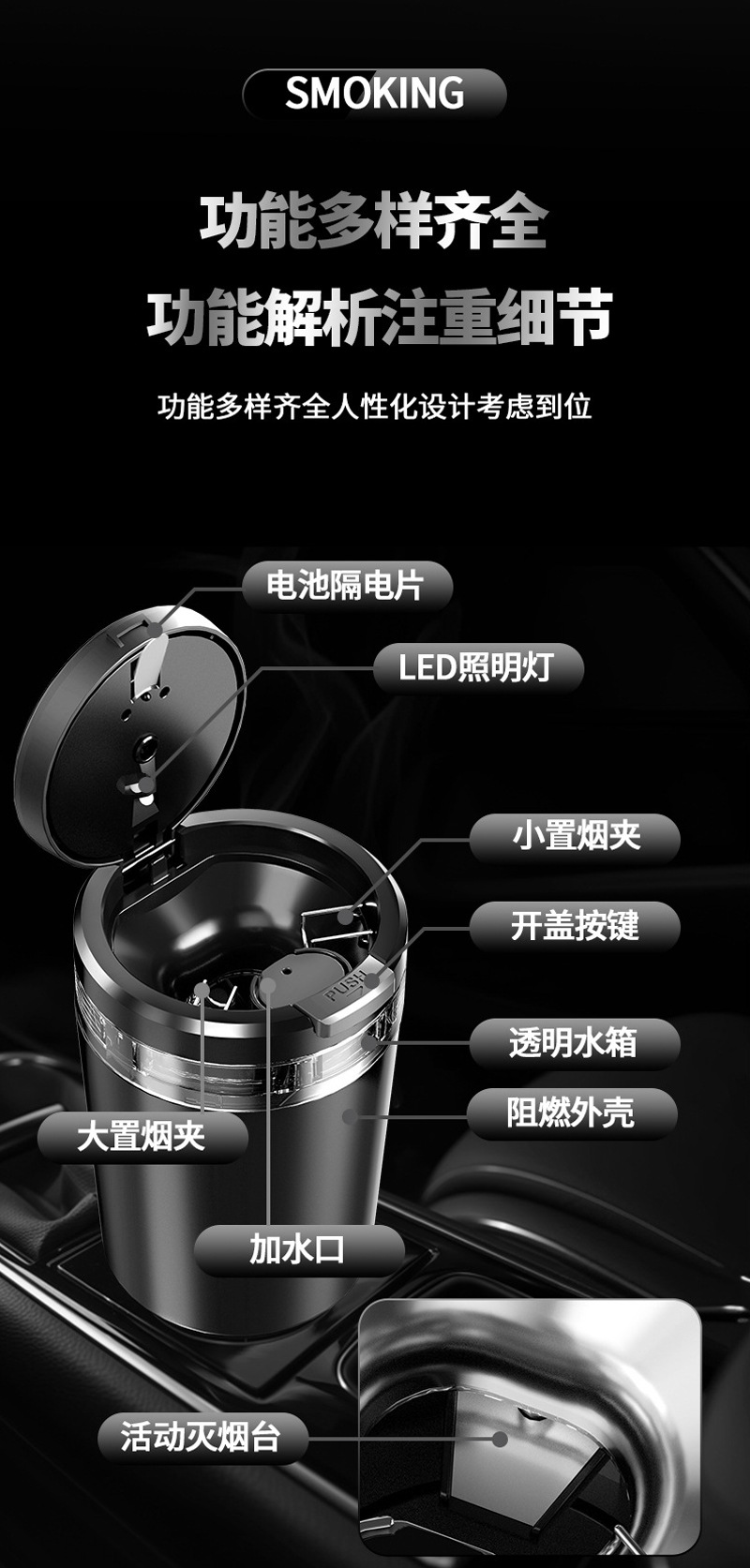 Car Ashtray Creative Transparent Water Tank Quick Smoke Extence Car Smoking Artifact One Button Open Cover Car Ashtray