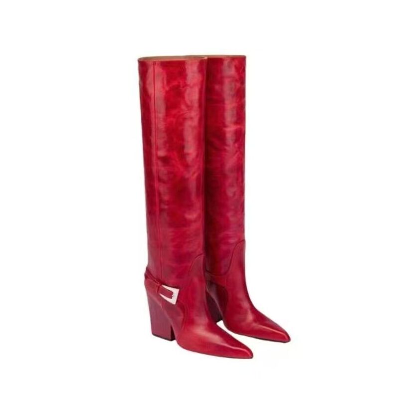 2026 Autumn/Winter Women's Long Boots Square Toe Chunky Heel Slip-On Straight Red Belt Buckle Over-The-Knee Boots in Large Size