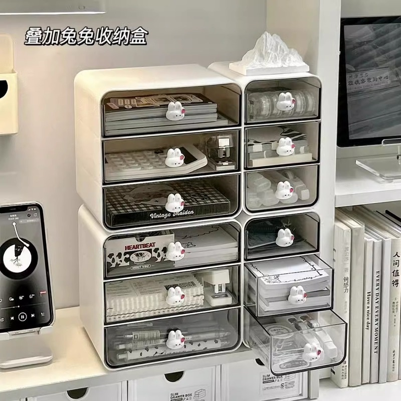 かわいいデスクトップ透明引き出し式収納ケース学生机文房具整理ケースオフィス雑物収納ケース|undefined