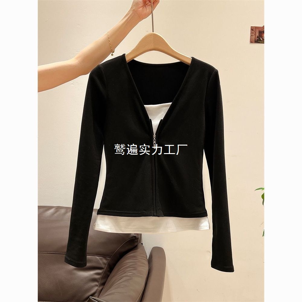 黑色拉链v领拼接假两件长袖T恤打底衫女春秋季法式显瘦感上衣