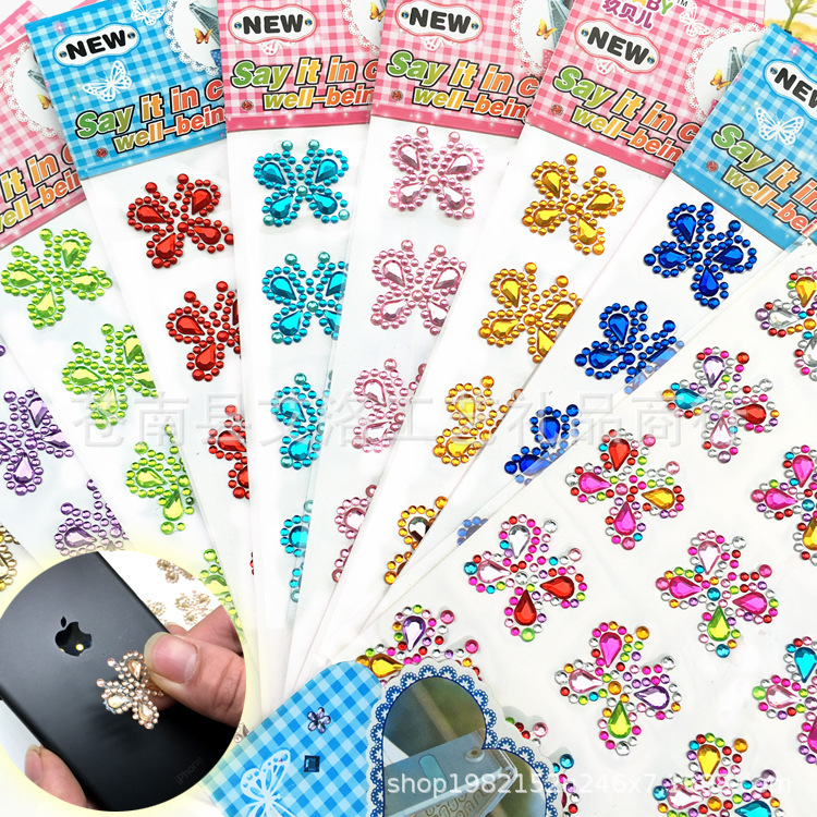 Retail Wholesale Children Diamond Sticker Butterfly Shape Acrylic Crystal Stall Makeup Show Mobile Phone Decoration