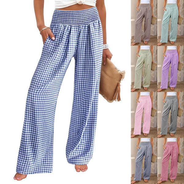2025 European and American Women's Clothing Amazon Plaid Wide-Leg Pants High-Waisted Slim Fashion Casual Elastic Waist Pocket Trousers