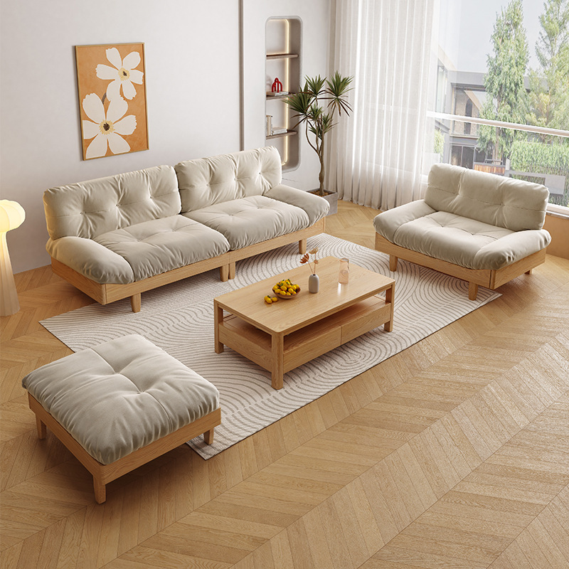 Sofá nubes de madera maciza japonesa sala de estar moderna simple madera de cera blanca color tronco pequeño tela doble triple
