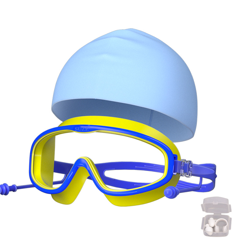5-16세 어린이 모델 - 파란색과 노란색 투명 수영 고글 + 하늘색 수영 모자 + 가방 + 귀마개 및 코 클립 세트