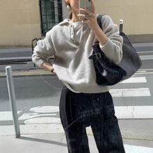 2025韩系新款女士半开领带扣纯色宽松气质软糯纯羊毛针织打底上衣