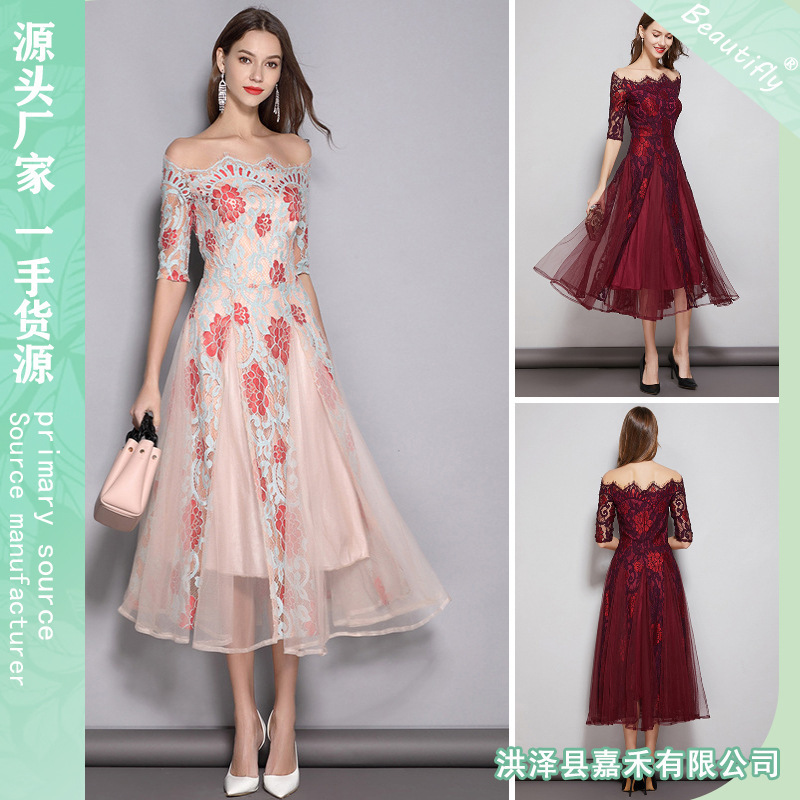 Hot European and American Sexy off-shoulder Gown New Mid-length Lace Mesh Celebrity Ladies Party Slim-fit dress Ceremony